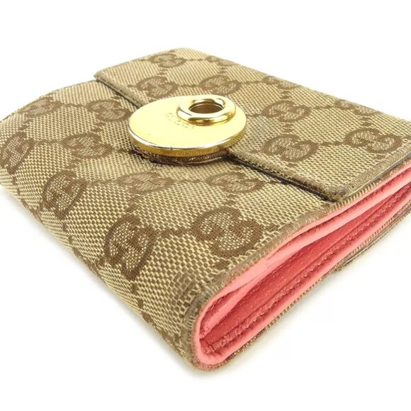 Gucci Double Sided Wallet GGpattern Beige Pink Canvas Leather Used T9705 - Picture 3 of 9